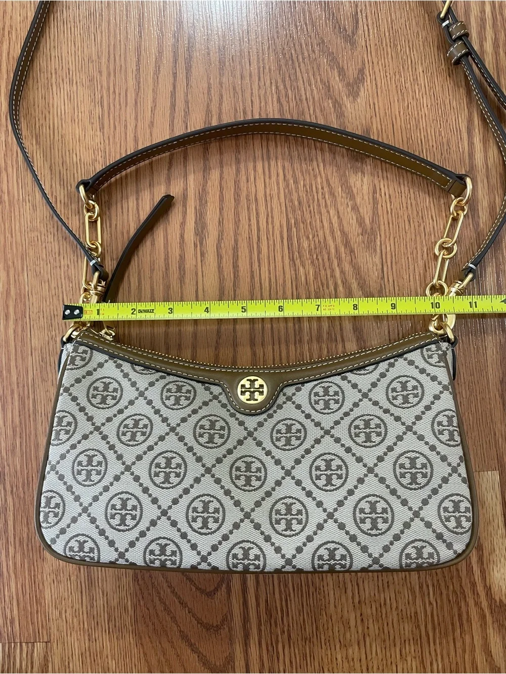 Tory Burch T Monogram Jacquard Shoulder Crossbody Bag Brown Gold